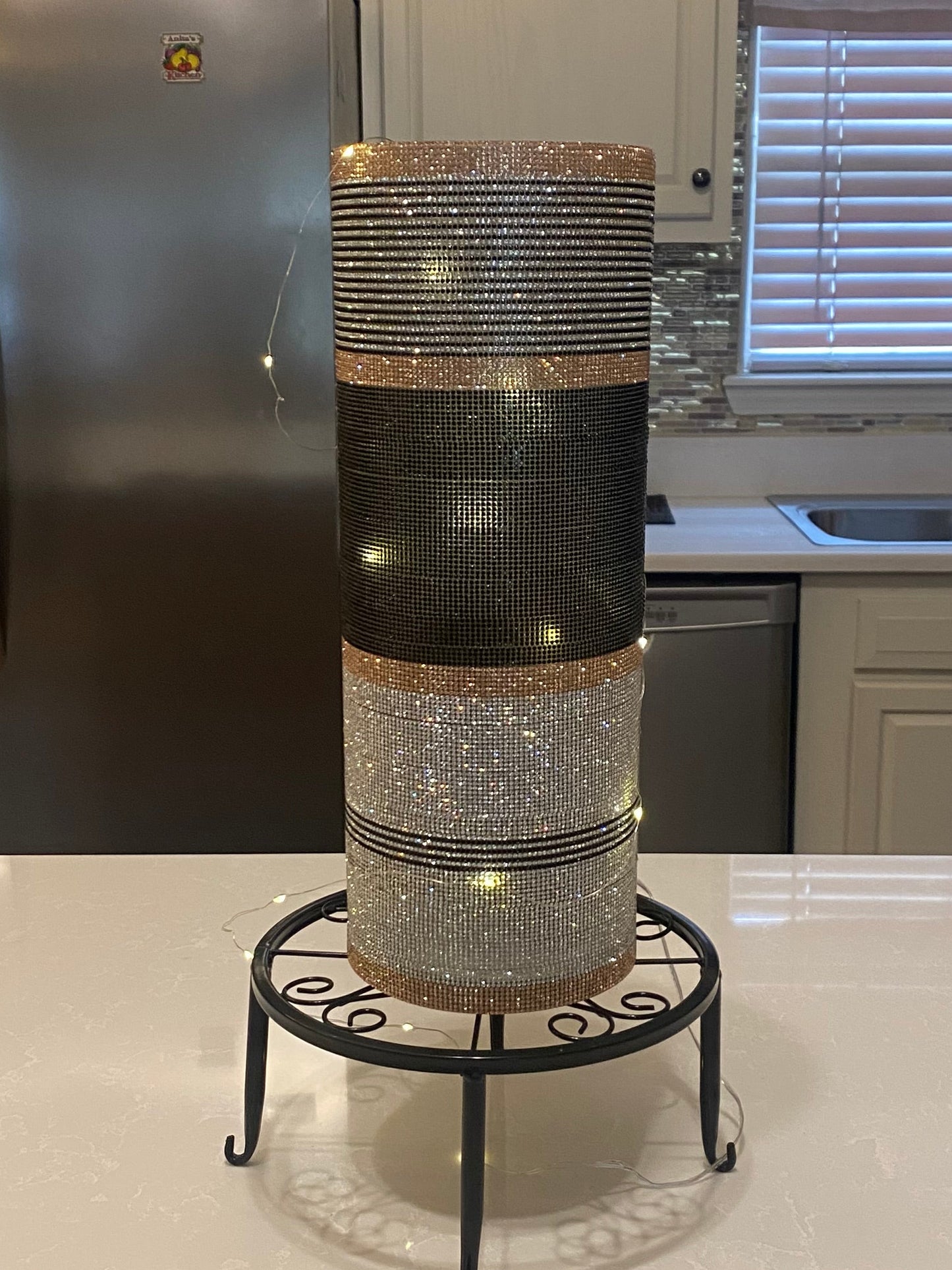 Crystal Rhinestone Vase in black, silver, champagne, 15" tall. Heavy-glass-cylinder is durable.