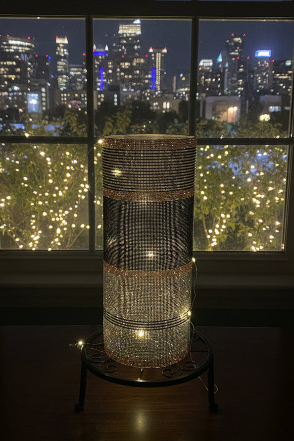 Crystal Rhinestone Vase in black, silver, champagne, 15" tall. Heavy-glass-cylinder is durable.