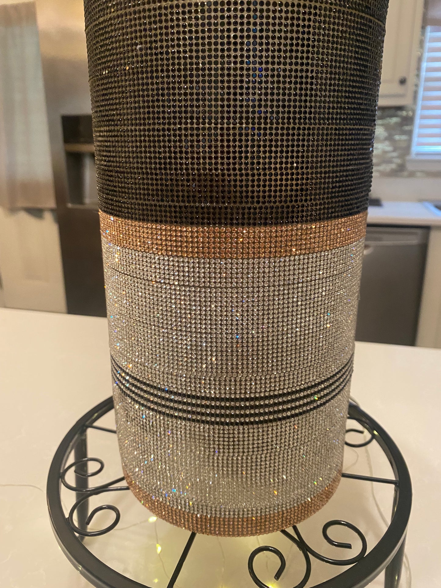 Crystal Rhinestone Vase in black, silver, champagne, 15" tall. Heavy-glass-cylinder is durable.