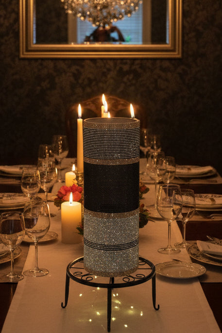 Crystal Rhinestone Vase in black, silver, champagne, 15" tall. Heavy-glass-cylinder is durable.
