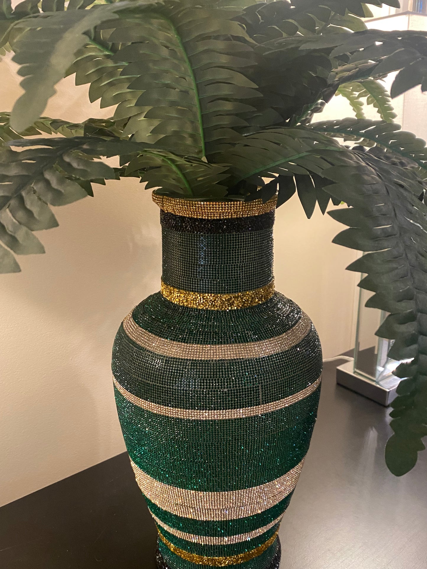 Artificial Hydrangea, Crystal Rhinestone Vase, Royalty Green silk floral arrangement. Real look, long-stem large 26" tall.