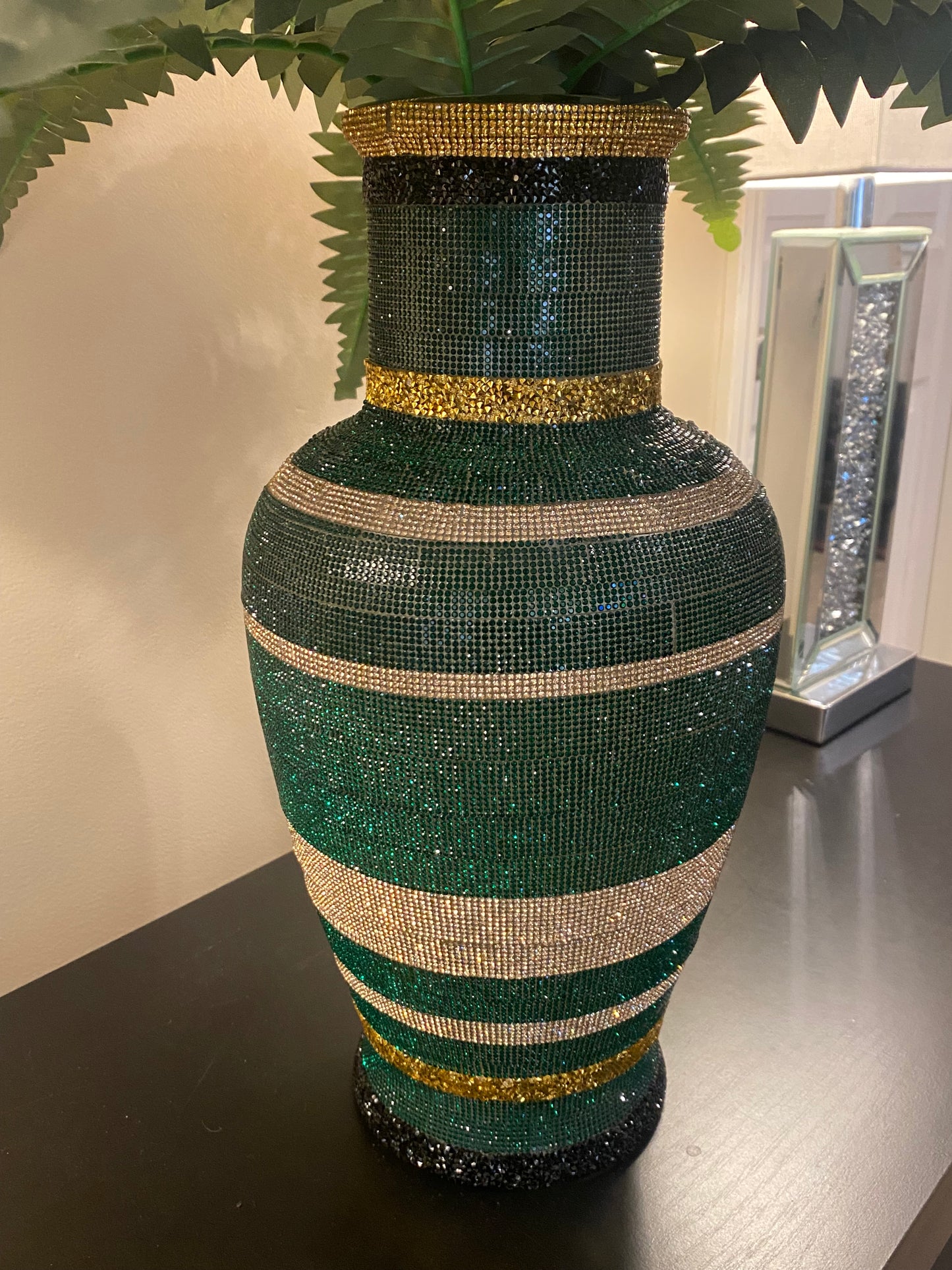 Artificial Hydrangea, Crystal Rhinestone Vase, Royalty Green silk floral arrangement. Real look, long-stem large 26" tall.