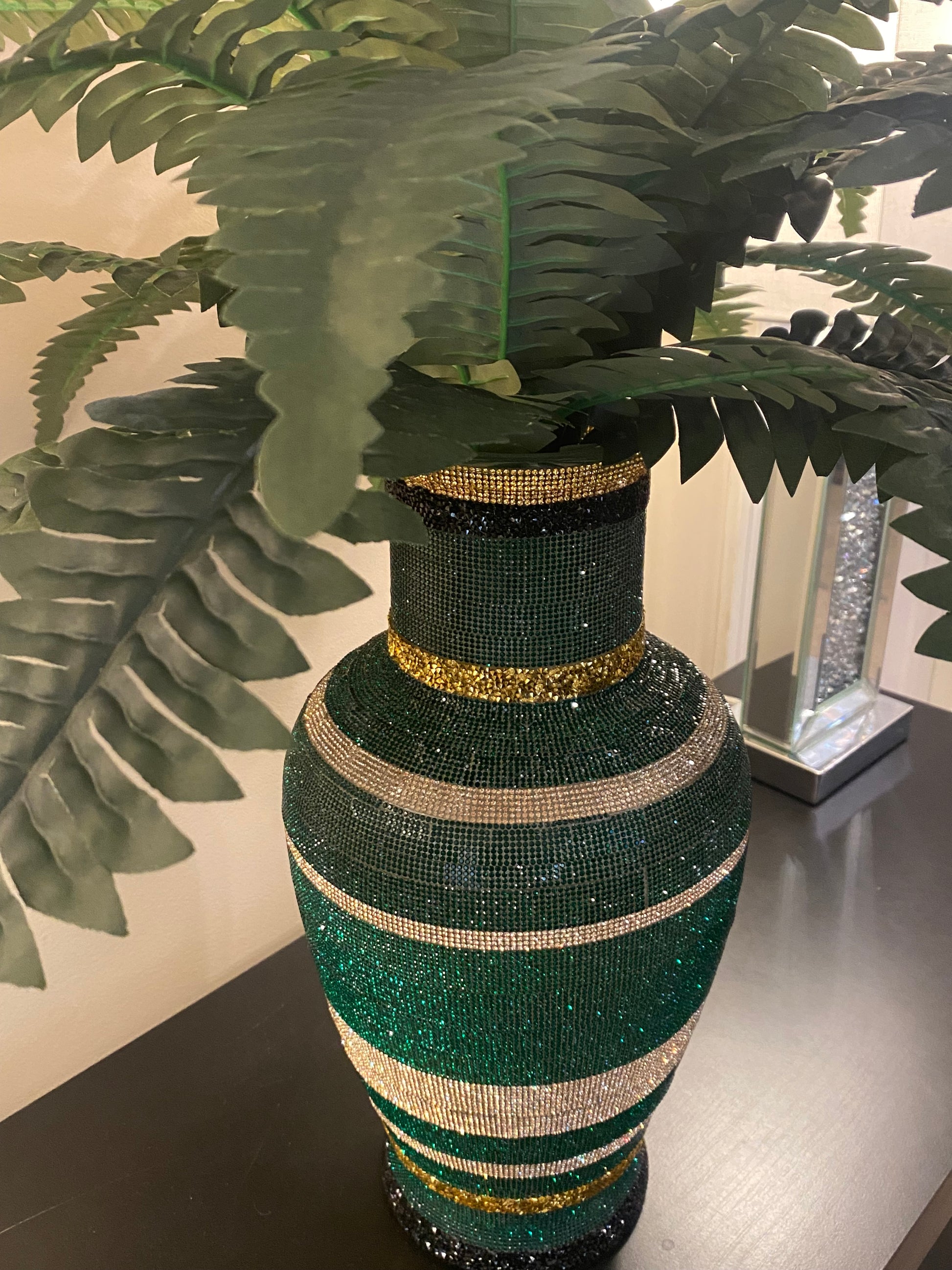 Decorative crystal rhinestone vase with green and gold pattern with fern greenery designed by bling-it-werks.com