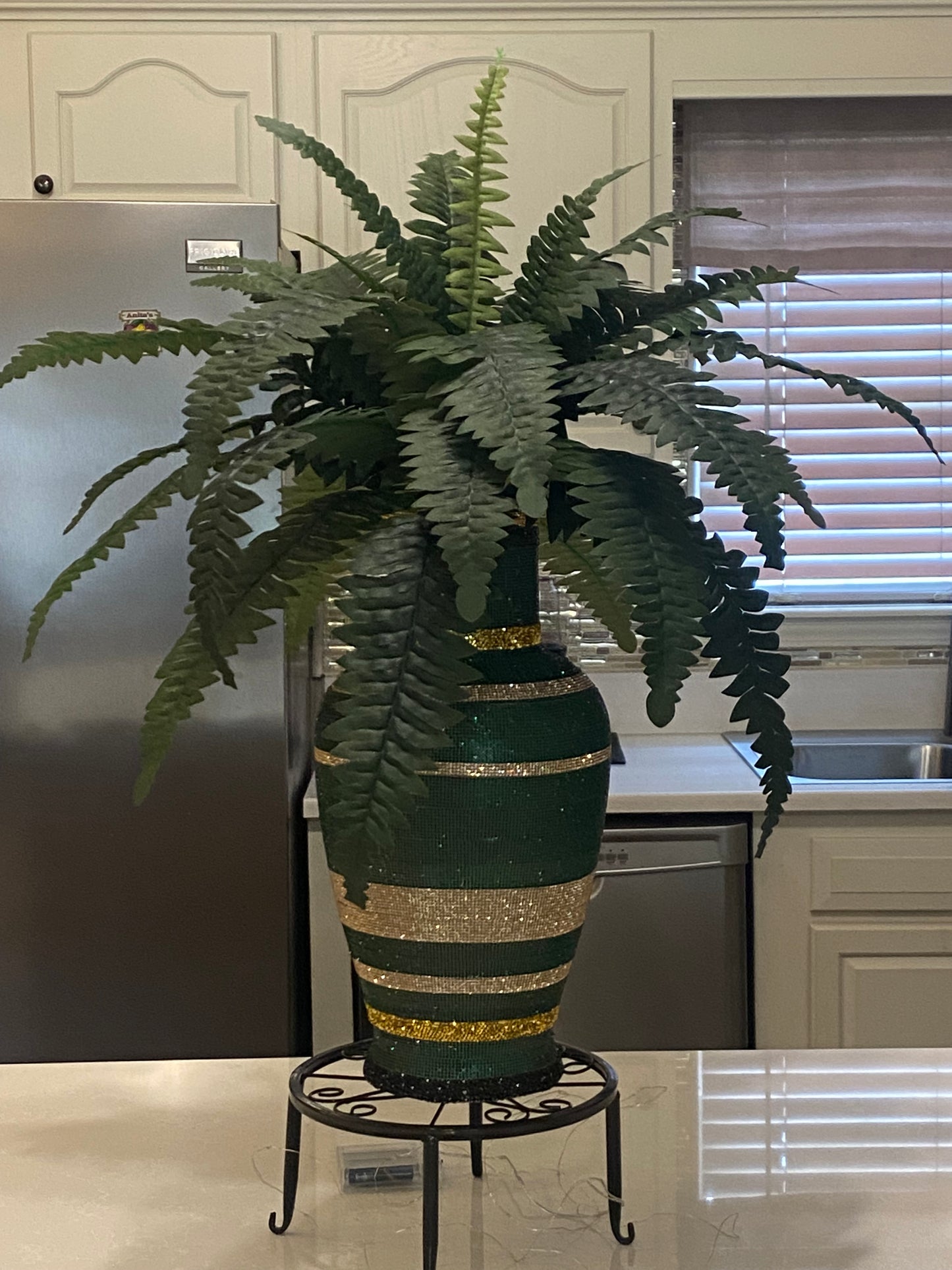 Artificial Hydrangea, Crystal Rhinestone Vase, Royalty Green silk floral arrangement. Real look, long-stem large 26" tall.
