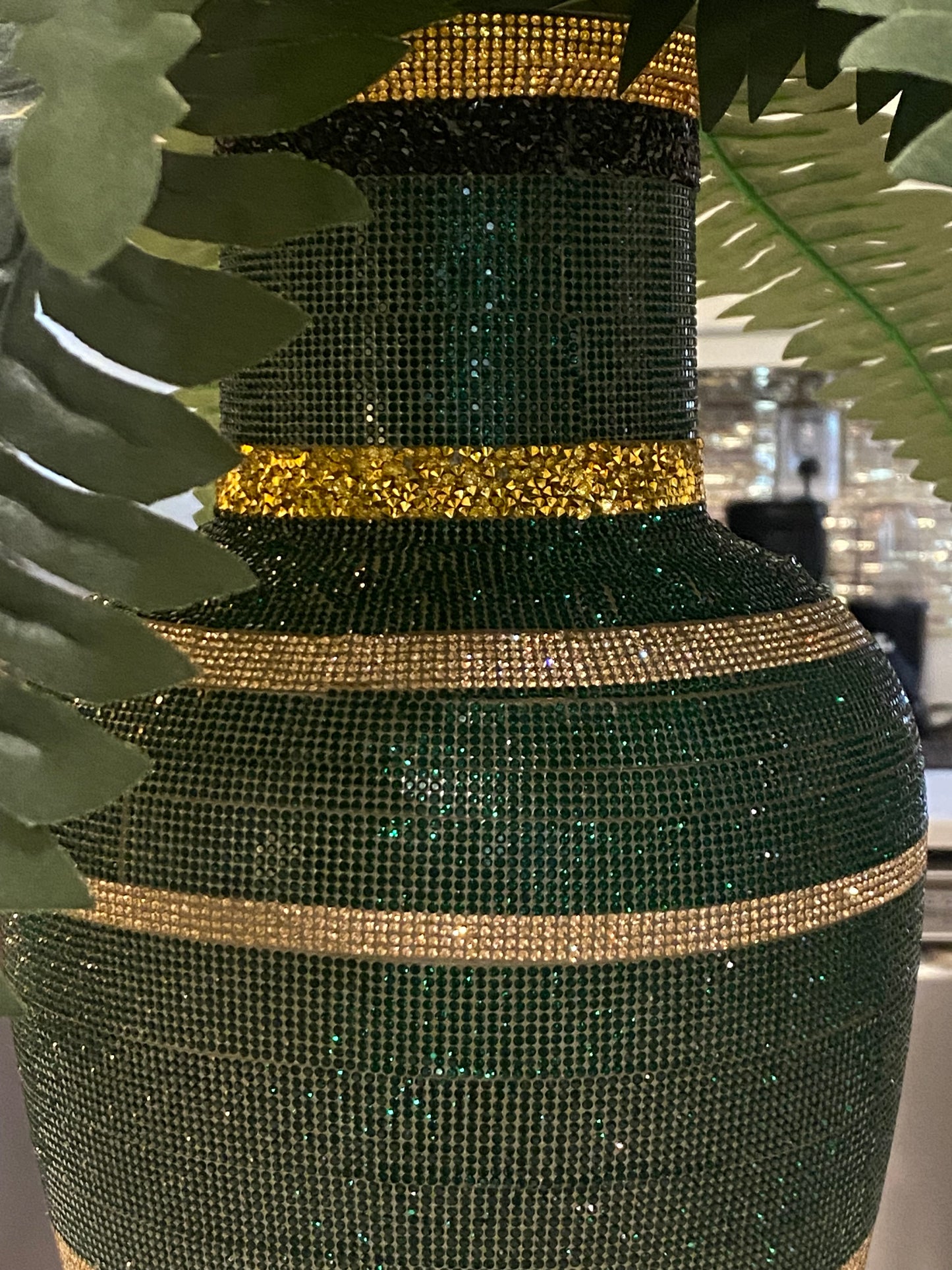 Artificial Hydrangea, Crystal Rhinestone Vase, Royalty Green silk floral arrangement. Real look, long-stem large 26" tall.
