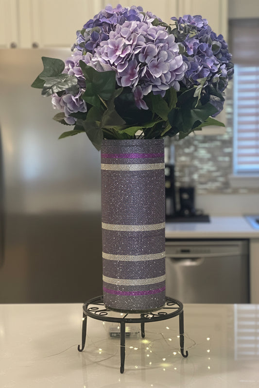 Artificial Hydrangea, Crystal Rhinestone Vase, Purple Silk Floral Arrangement. 26" Tall.