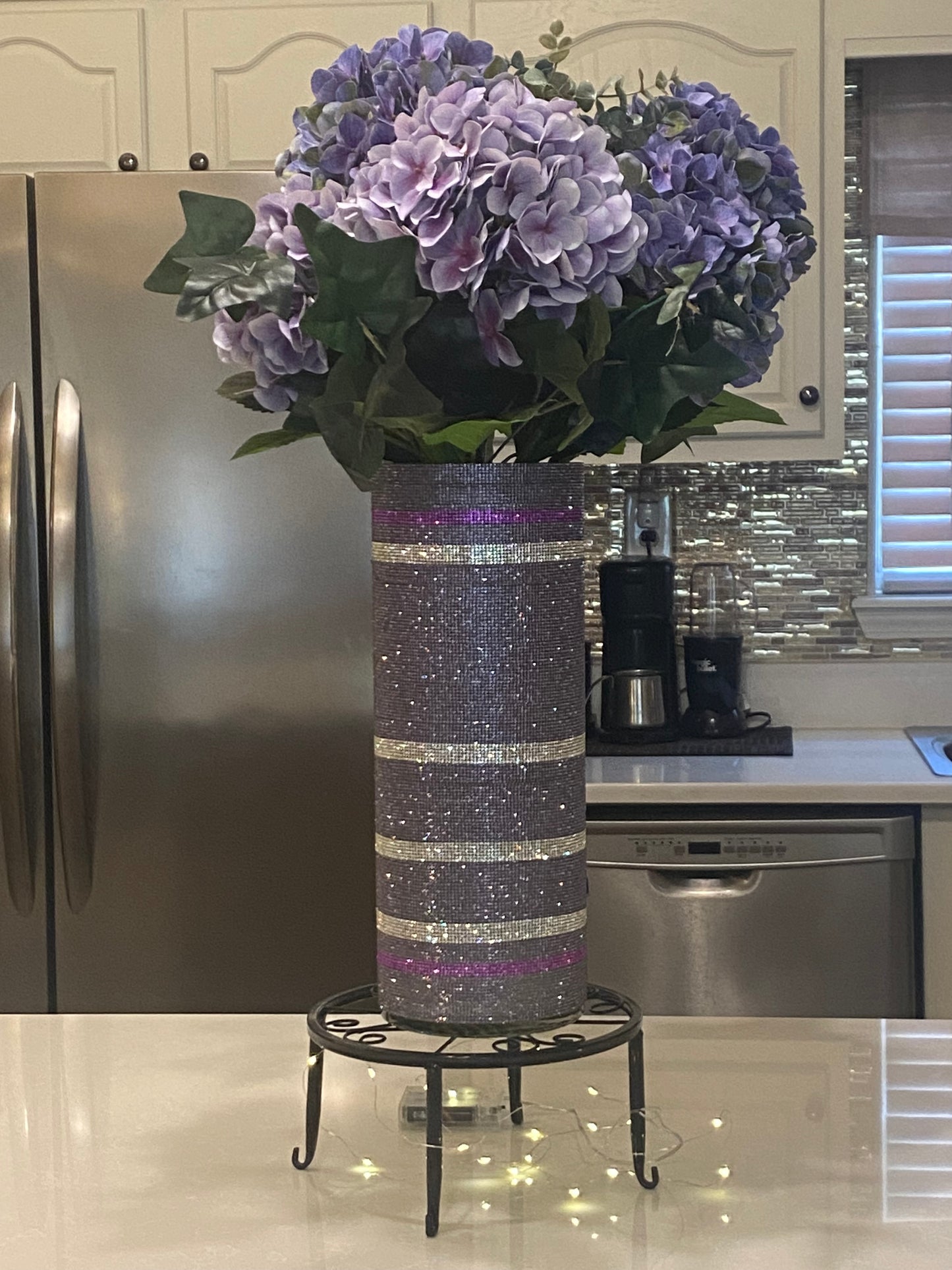 Artificial Hydrangea, Crystal Rhinestone Vase, Purple Silk Floral Arrangement. 26" Tall.