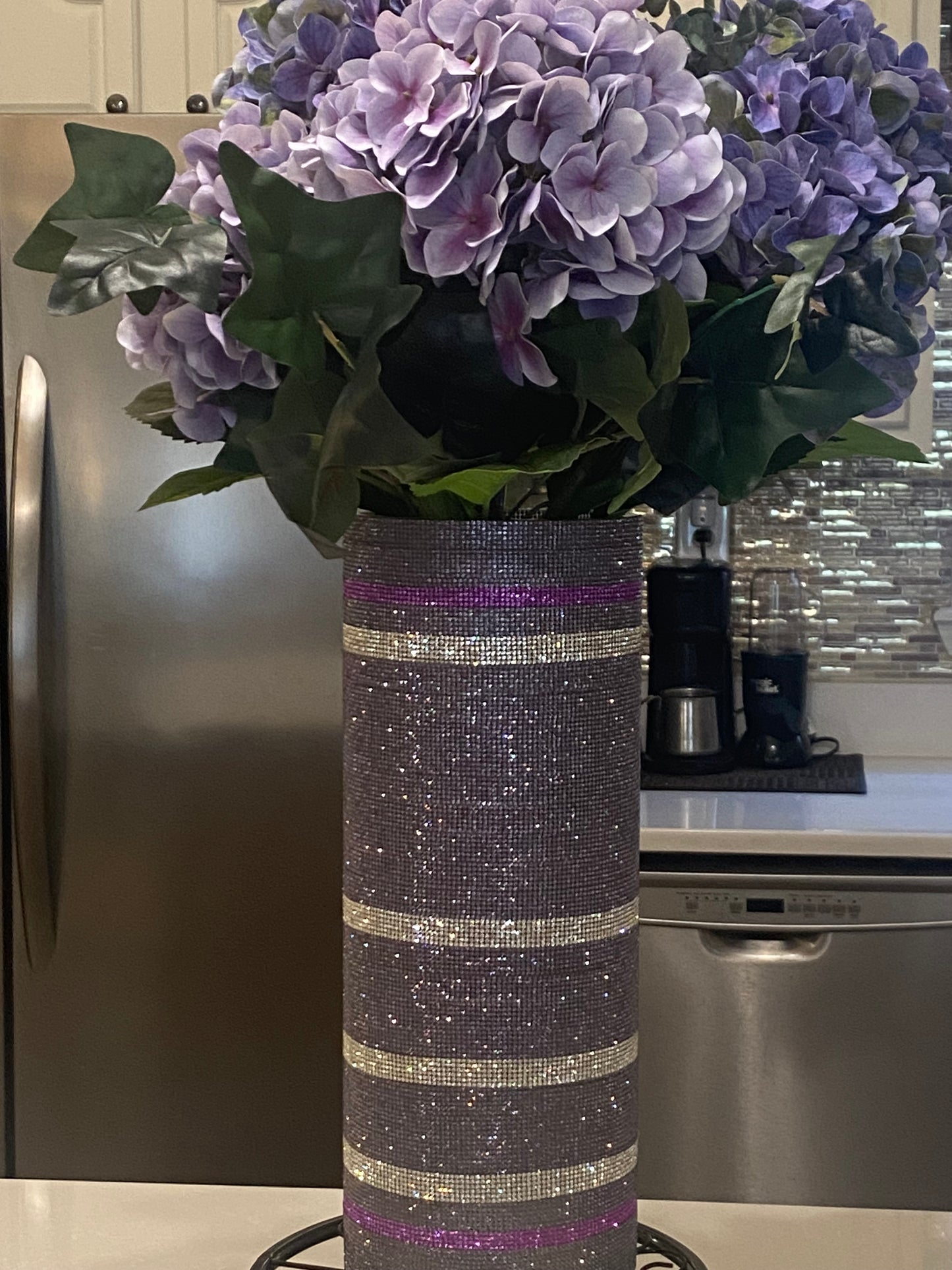 Artificial Hydrangea, Crystal Rhinestone Vase, Purple Silk Floral Arrangement. 26" Tall.