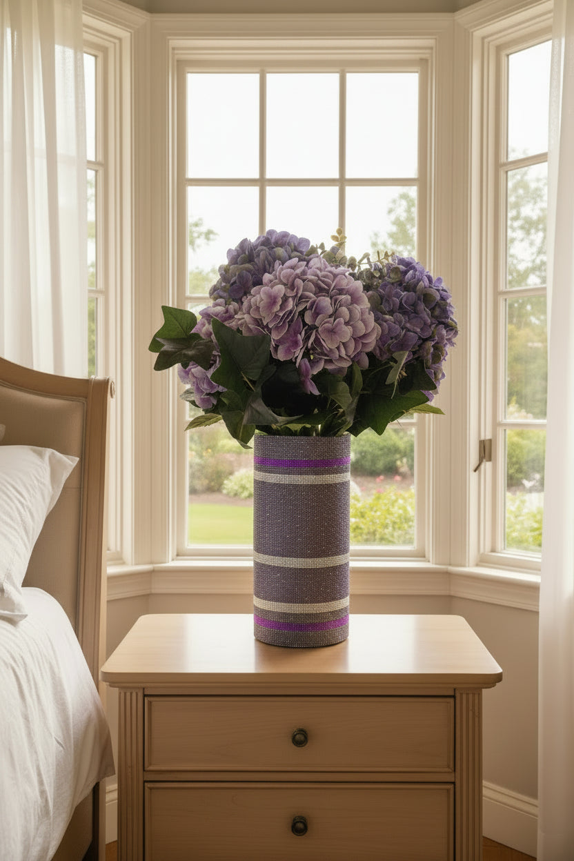 Artificial Hydrangea, Crystal Rhinestone Vase, Purple Silk Floral Arrangement. 26" Tall.