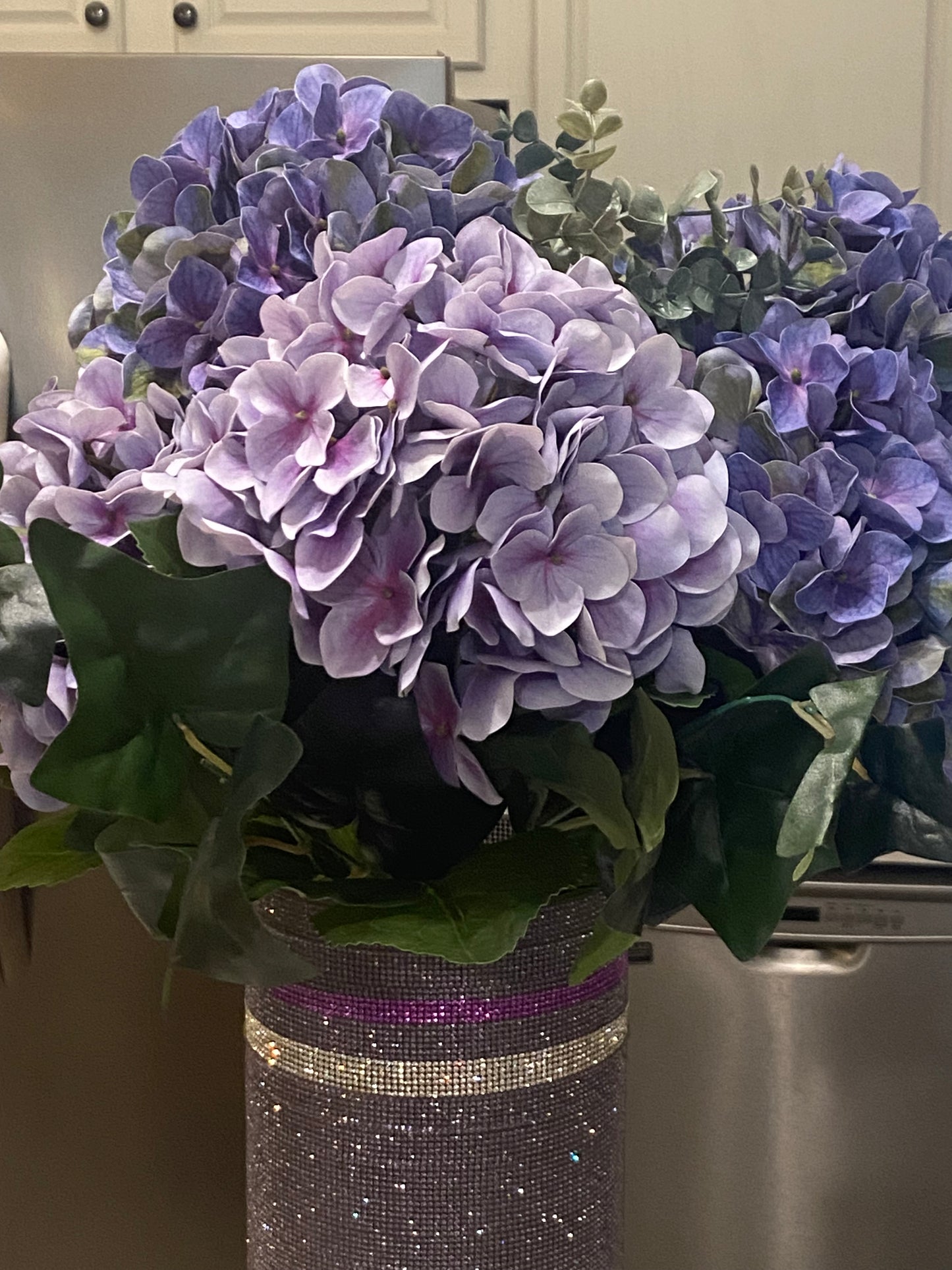 Artificial Hydrangea, Crystal Rhinestone Vase, Purple Silk Floral Arrangement. 26" Tall.