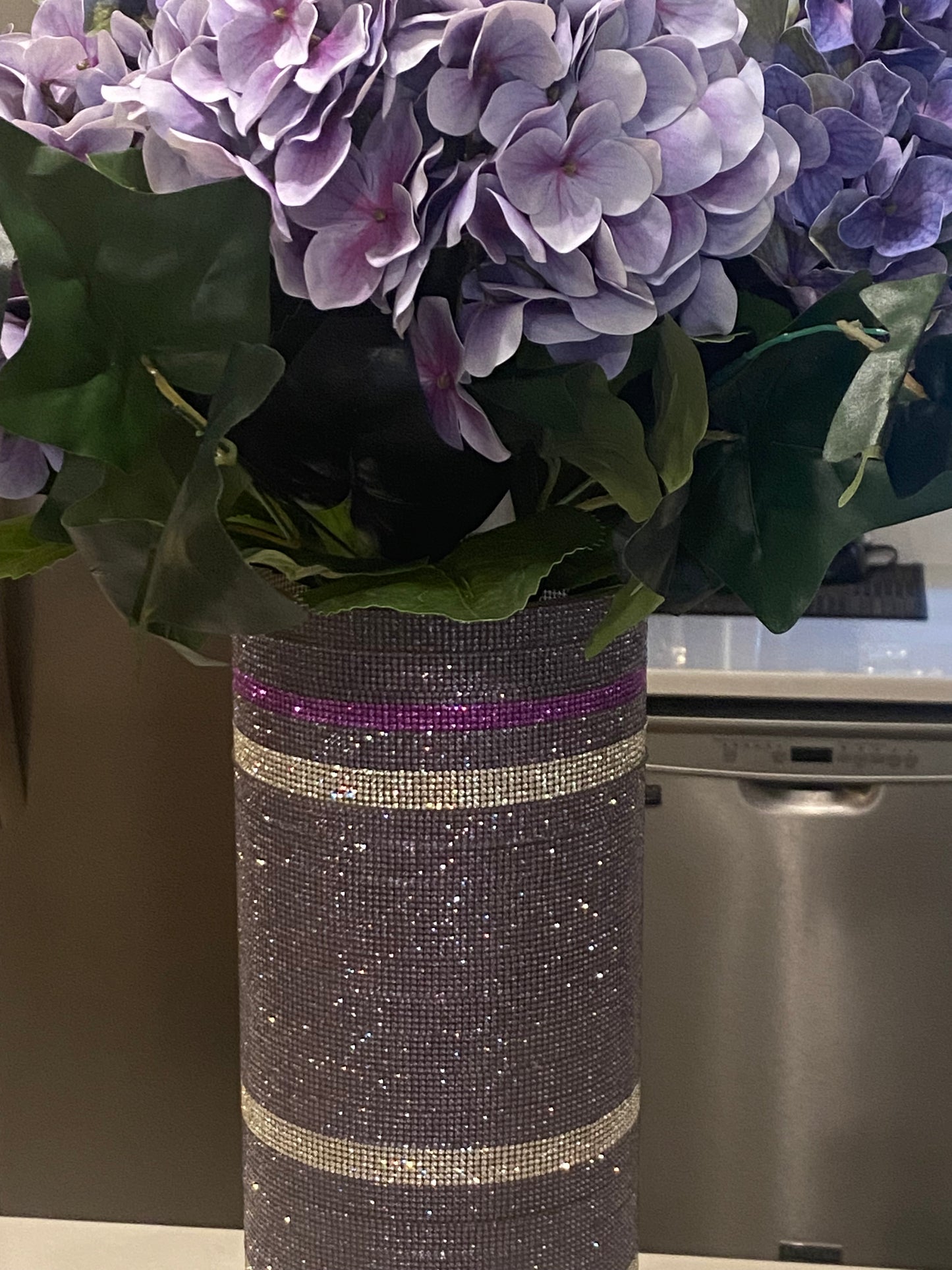 Artificial Hydrangea, Crystal Rhinestone Vase, Purple Silk Floral Arrangement. 26" Tall.