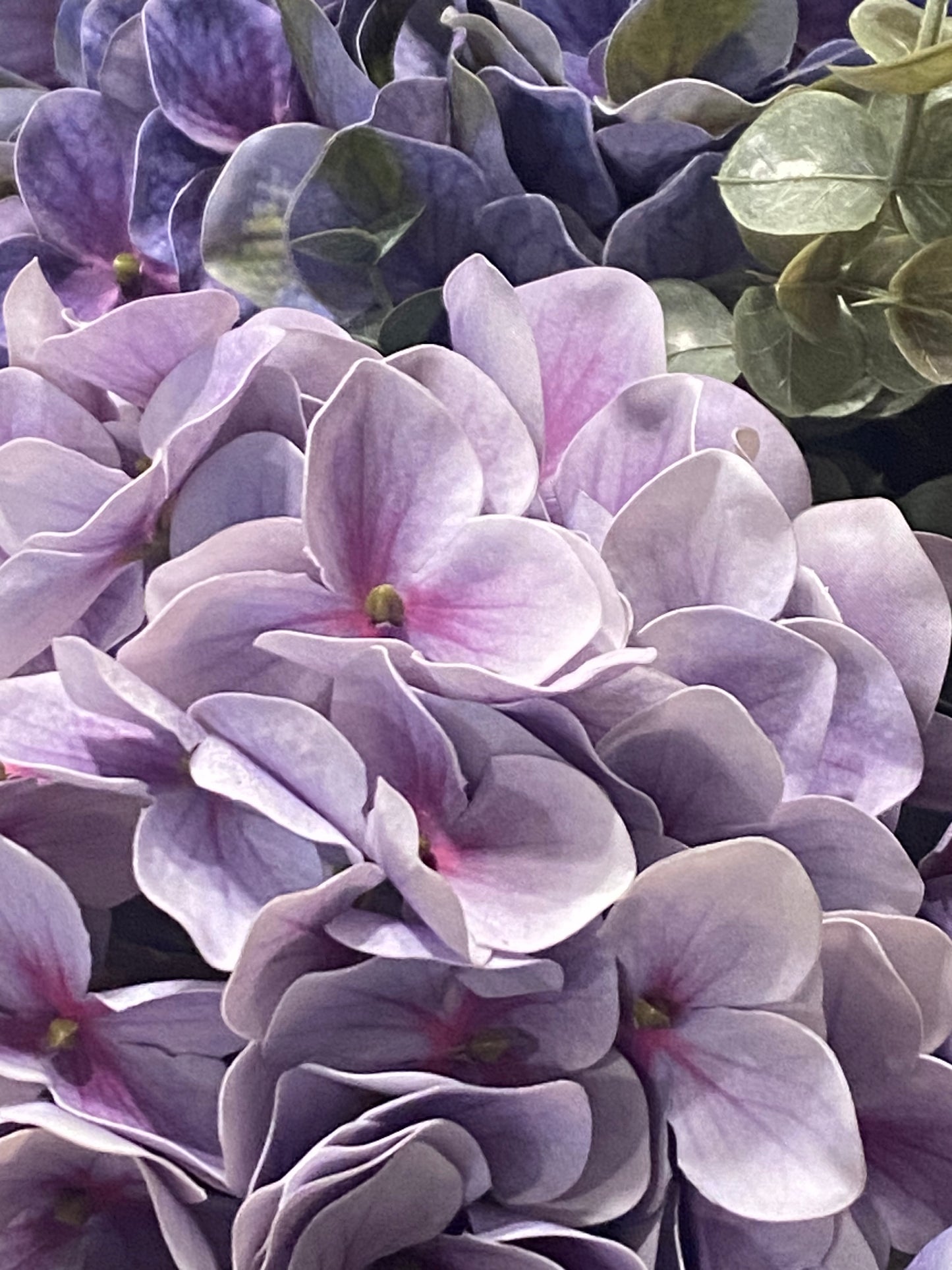 Artificial Hydrangea, Crystal Rhinestone Vase, Purple Silk Floral Arrangement. 26" Tall.
