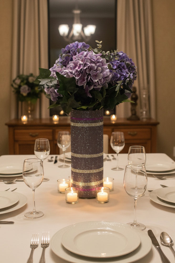 Artificial Hydrangea, Crystal Rhinestone Vase, Purple Silk Floral Arrangement. 26" Tall.
