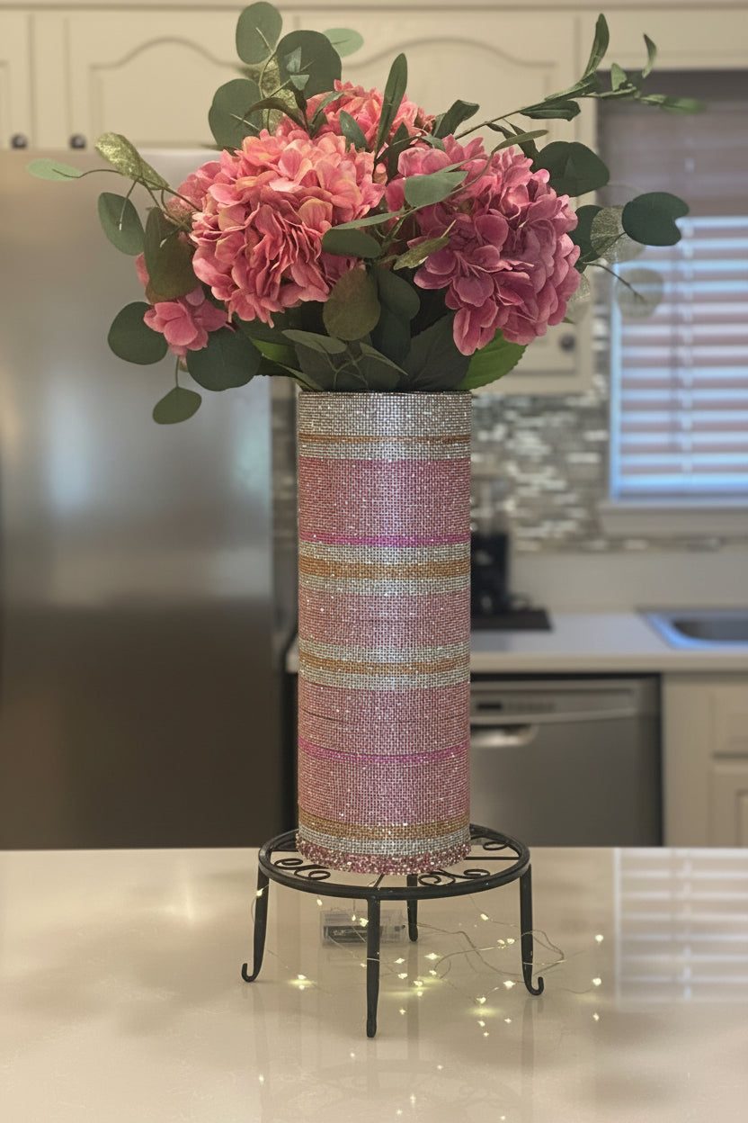 Artificial Hydrangea Crystal Rhinestone Vase, Pink Silk Floral Arrangement. 26" tall.