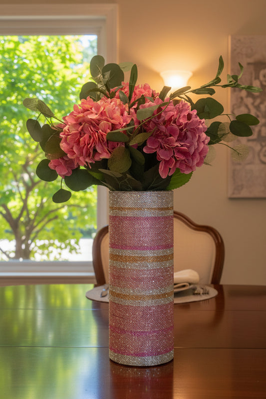 Artificial Hydrangea Crystal Rhinestone Vase, Pink Silk Floral Arrangement. 26" tall.