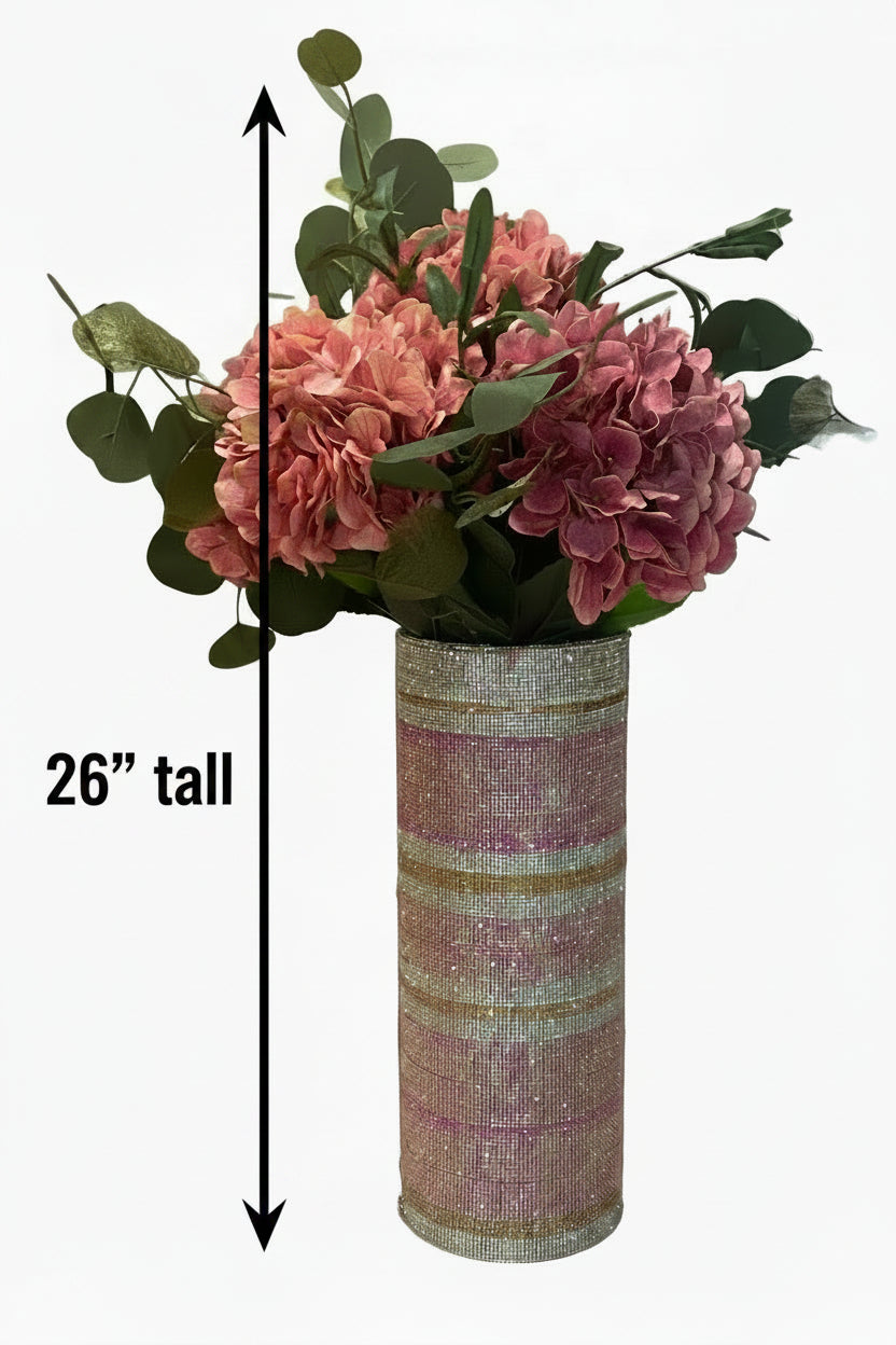 Artificial Hydrangea Crystal Rhinestone Vase, Pink Silk Floral Arrangement. 26" tall.