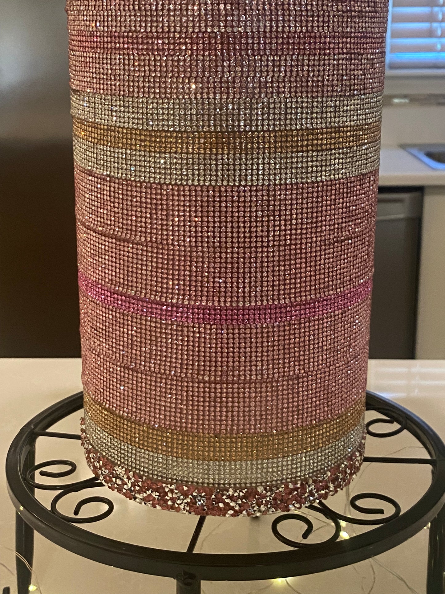 Artificial Hydrangea Crystal Rhinestone Vase, Pink Silk Floral Arrangement. 26" tall.
