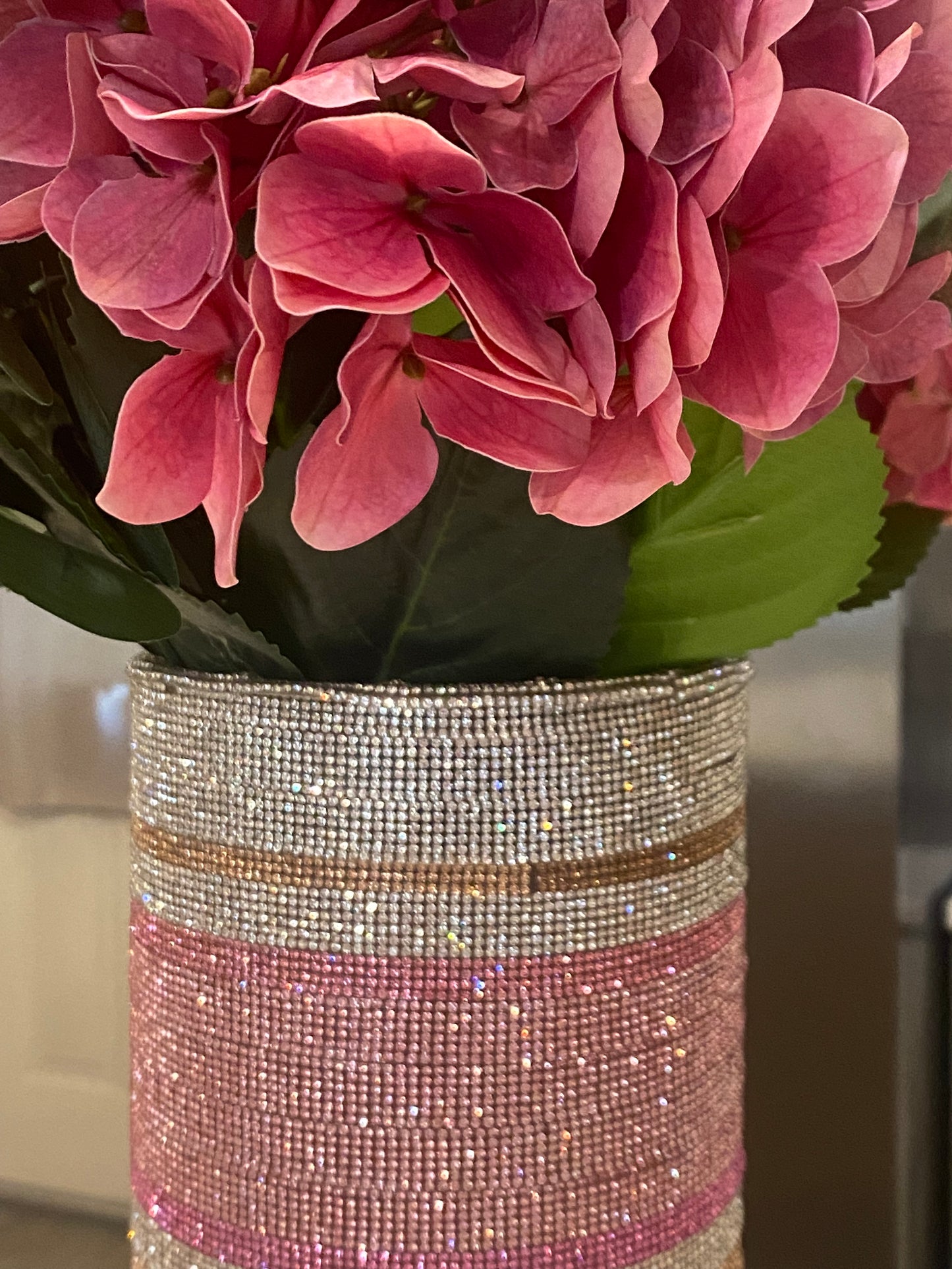 Artificial Hydrangea Crystal Rhinestone Vase, Pink Silk Floral Arrangement. 26" tall.