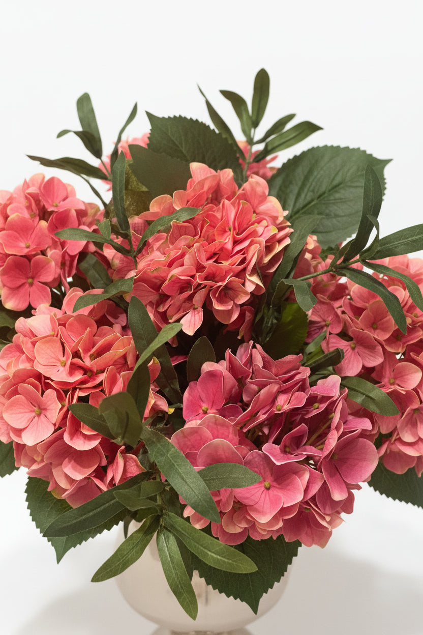 Artificial Hydrangea Crystal Rhinestone Vase, Pink Silk Floral Arrangement. 26" tall.