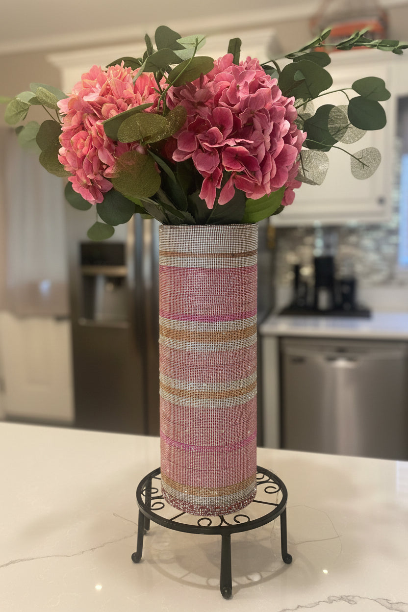 Artificial Hydrangea Crystal Rhinestone Vase, Pink Silk Floral Arrangement. 26" tall.