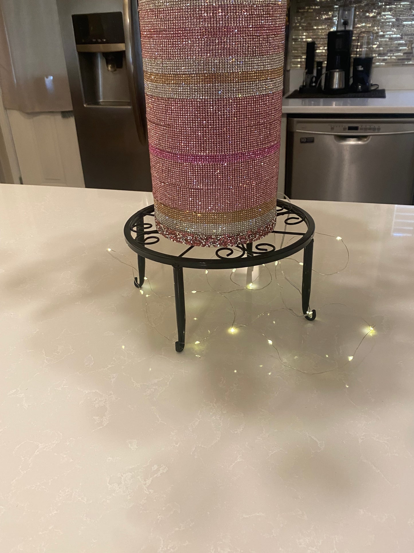 Artificial Hydrangea Crystal Rhinestone Vase, Pink Silk Floral Arrangement. 26" tall.