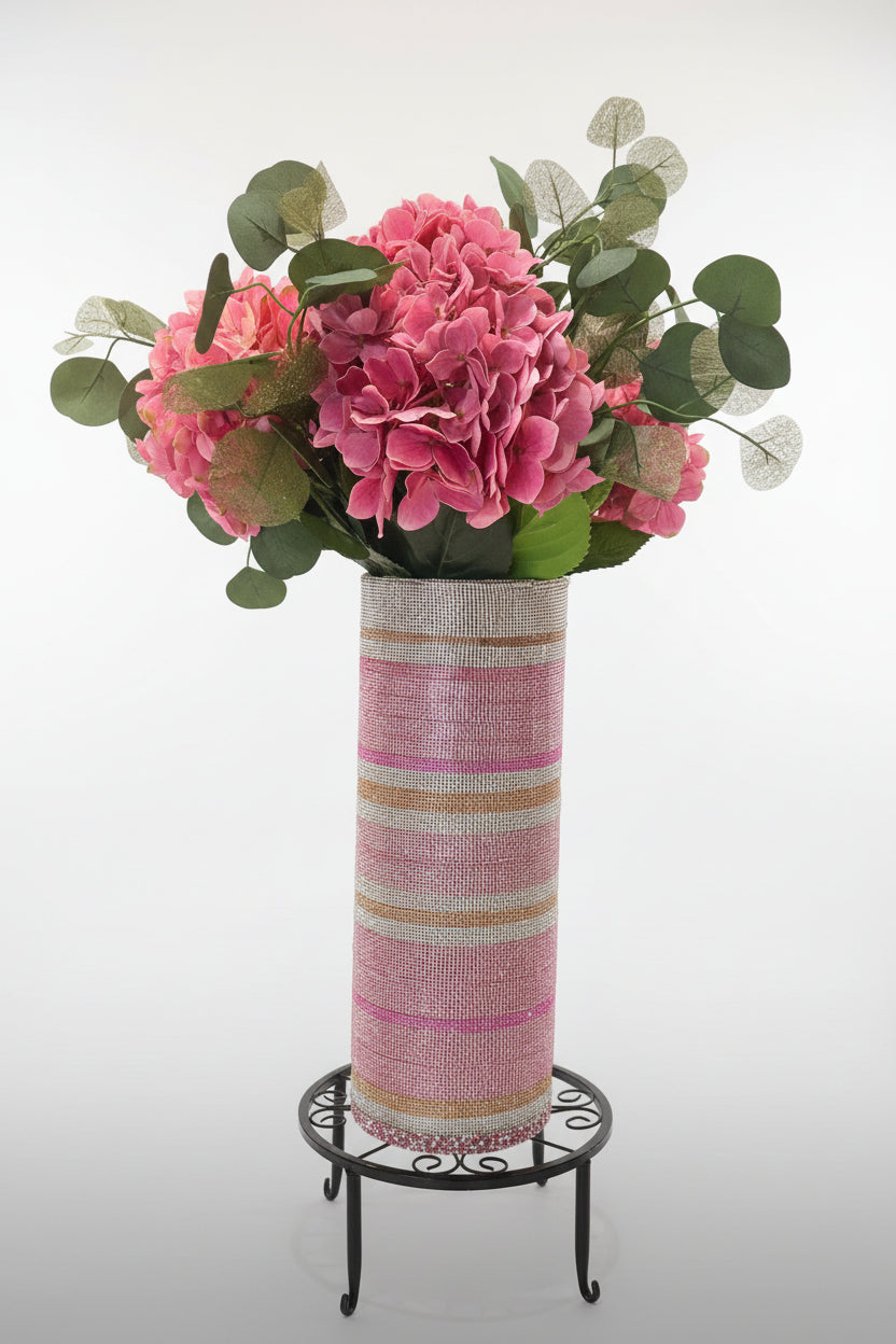 Artificial Hydrangea Crystal Rhinestone Vase, Pink Silk Floral Arrangement. 26" tall.