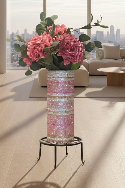 Artificial Hydrangea Crystal Rhinestone Vase, Pink Silk Floral Arrangement. 26" tall.