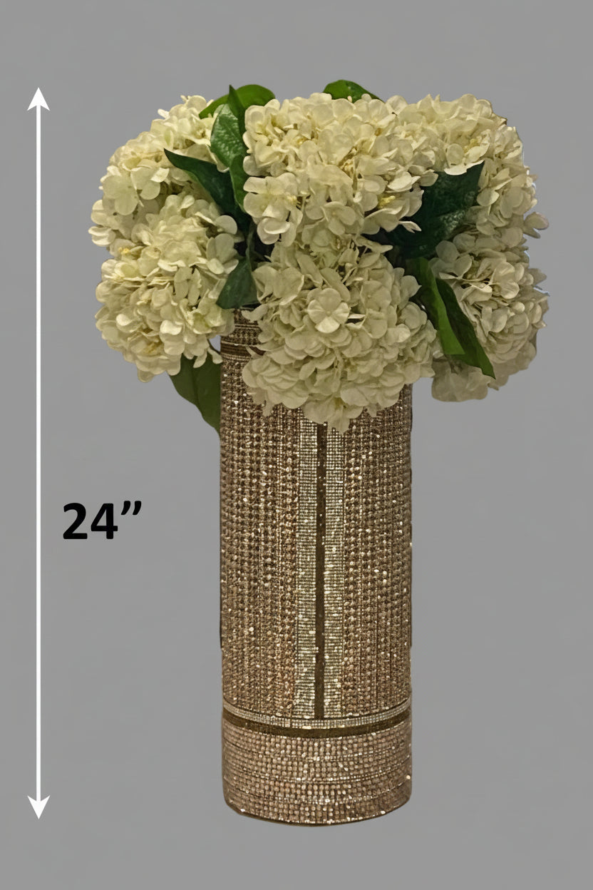 Crystal Rhinestone Vase, Champagne and White, V-Style design (heavy, cylinder, glass) is 15" tall. Flowers sold separately.