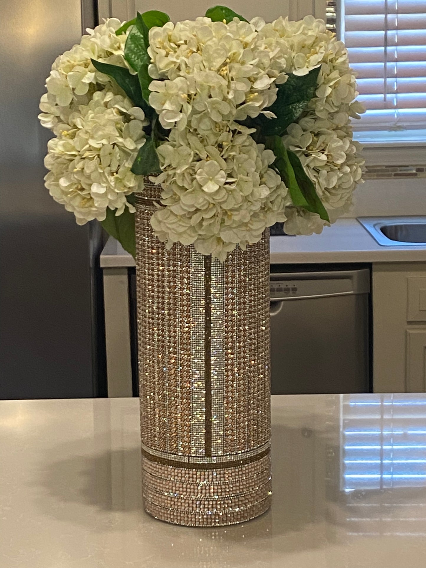 Crystal Rhinestone Vase, Champagne and White, V-Style design (heavy, cylinder, glass) is 15" tall. Flowers sold separately.