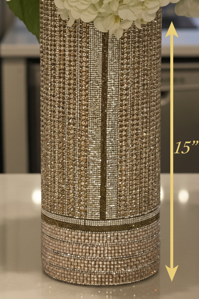 Crystal Rhinestone Vase, Champagne and White, V-Style design (heavy, cylinder, glass) is 15" tall. Flowers sold separately.