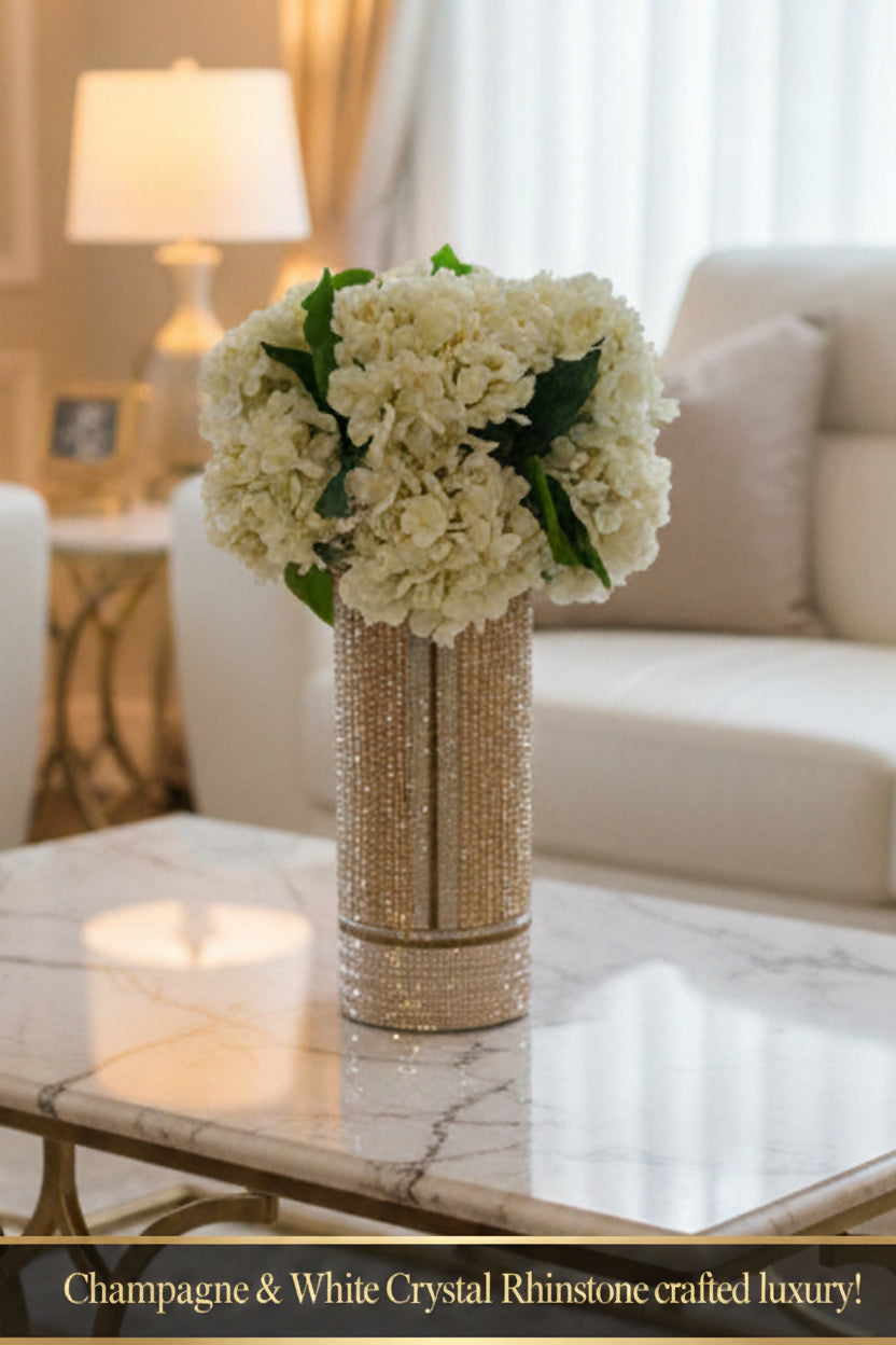 Crystal Rhinestone Vase, Champagne and White, V-Style design (heavy, cylinder, glass) is 15" tall. Flowers sold separately.