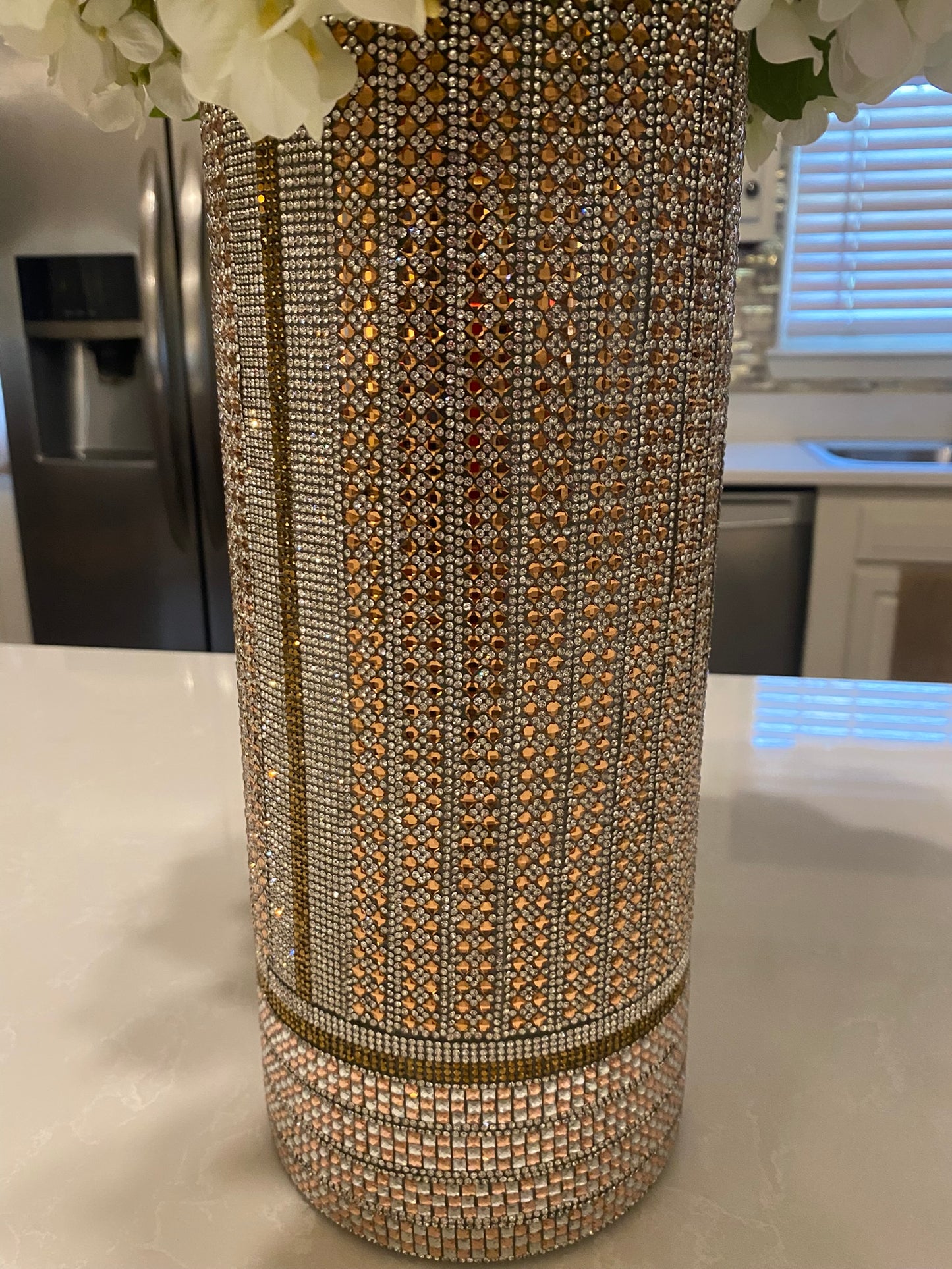 Crystal Rhinestone Vase, Champagne and White, V-Style design (heavy, cylinder, glass) is 15" tall. Flowers sold separately.