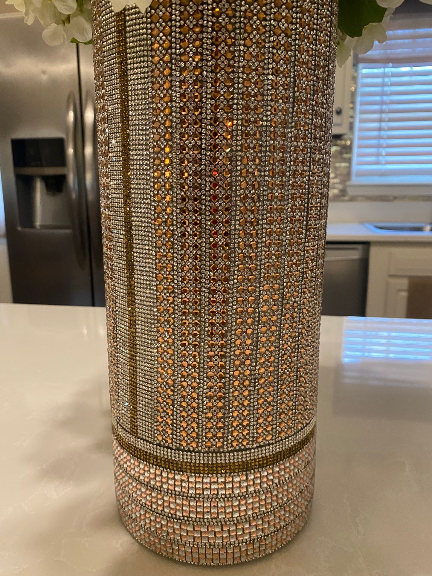 Crystal Rhinestone Vase, Champagne and White, V-Style design (heavy, cylinder, glass) is 15" tall. Flowers sold separately.