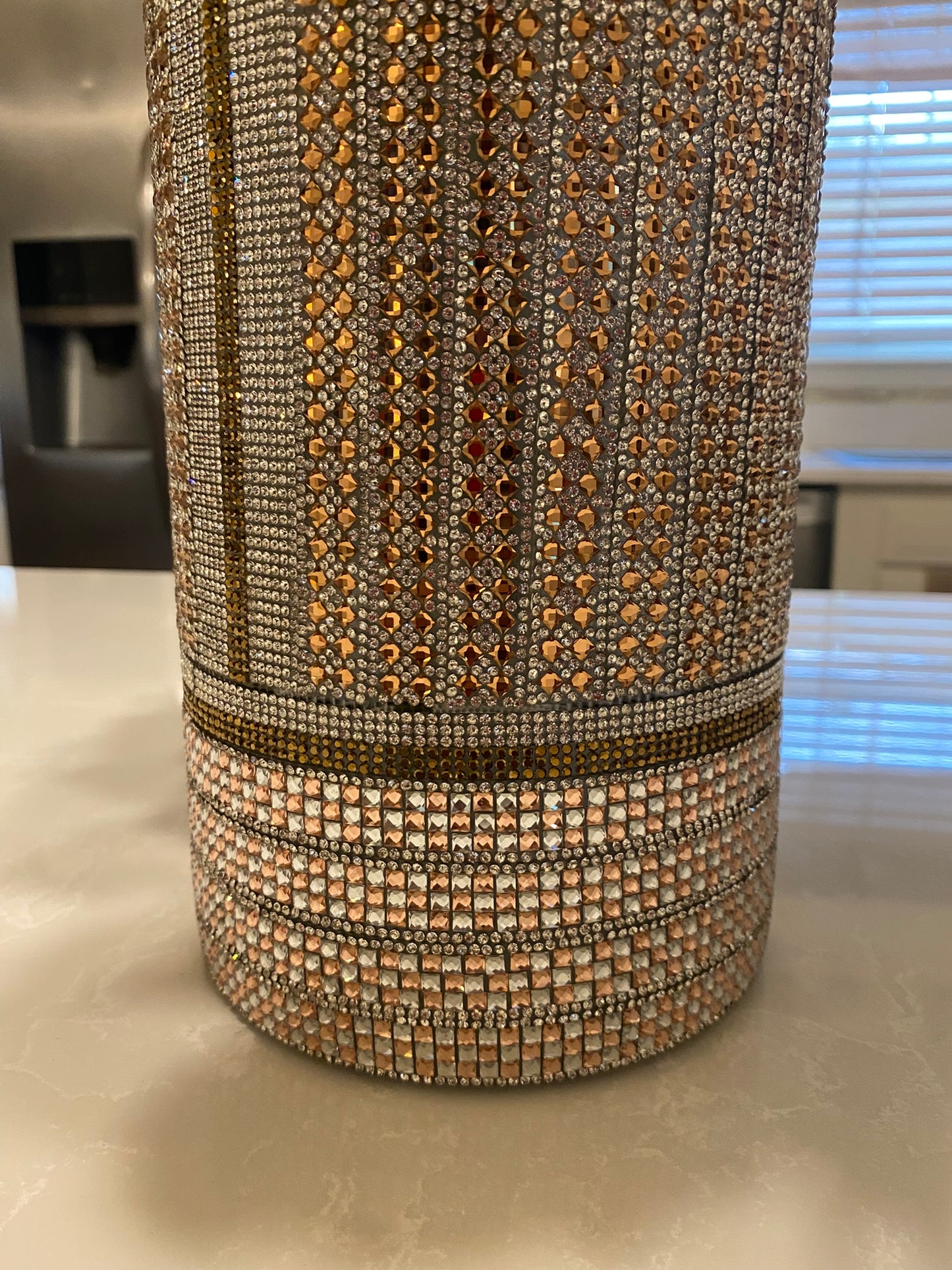 Crystal Rhinestone Vase, Champagne and White, V-Style design (heavy, cylinder, glass) is 15" tall. Flowers sold separately.