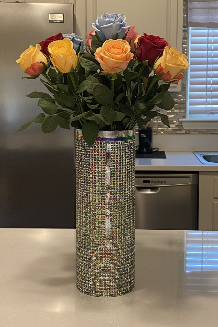 Crystal Rhinestone Vase, White/Multi-color, V-Style design (heavy, cylinder, glass) is 15" tall. Flowers sold separately.