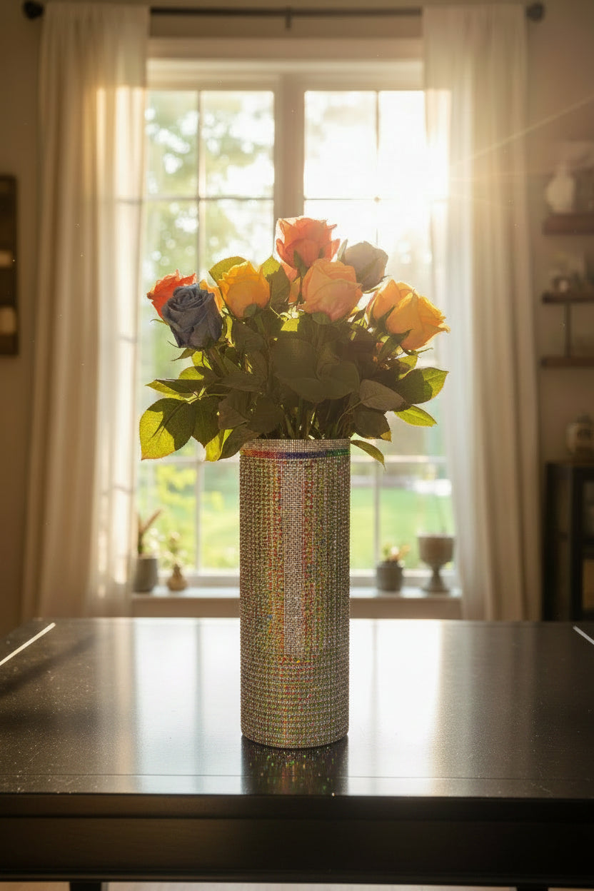 Crystal Rhinestone Vase, White/Multi-color, V-Style design (heavy, cylinder, glass) is 15" tall. Flowers sold separately.
