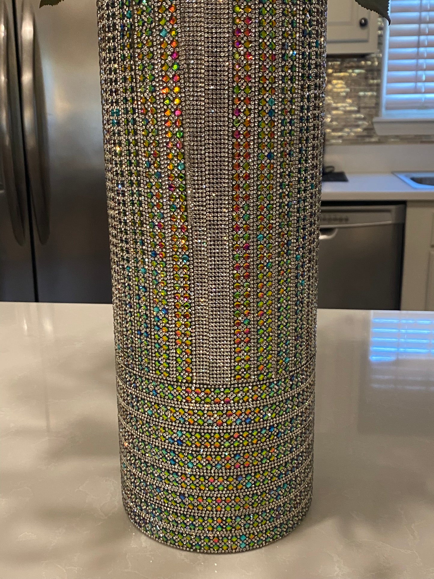 Crystal Rhinestone Vase, White/Multi-color, V-Style design (heavy, cylinder, glass) is 15" tall. Flowers sold separately.