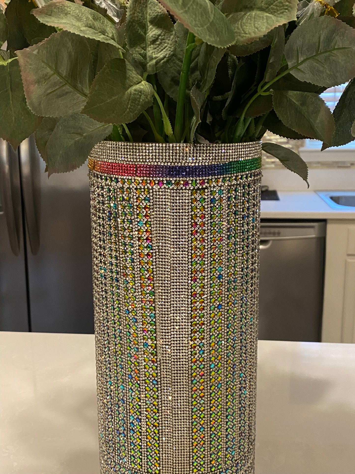 Crystal Rhinestone Vase, White/Multi-color, V-Style design (heavy, cylinder, glass) is 15" tall. Flowers sold separately.