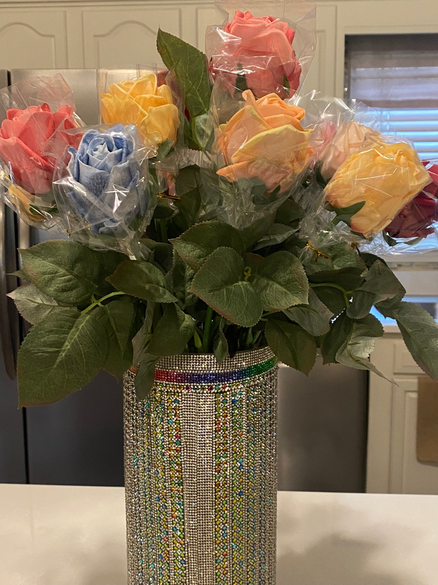 Crystal Rhinestone Vase, White/Multi-color, V-Style design (heavy, cylinder, glass) is 15" tall. Flowers sold separately.