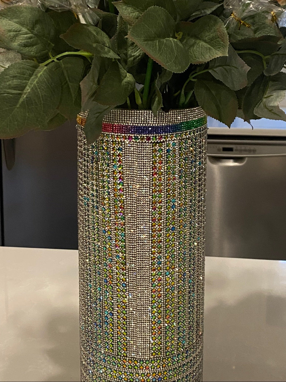 Crystal Rhinestone Vase, White/Multi-color, V-Style design (heavy, cylinder, glass) is 15" tall. Flowers sold separately.