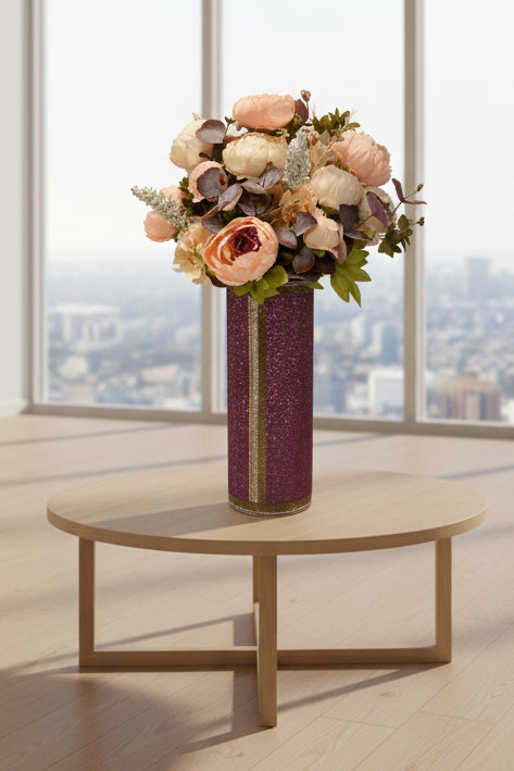 Crystal Rhinestone Vase, Purple, V-Style design (heavy, cylinder, glass) is 15" tall. Flowers sold separately.