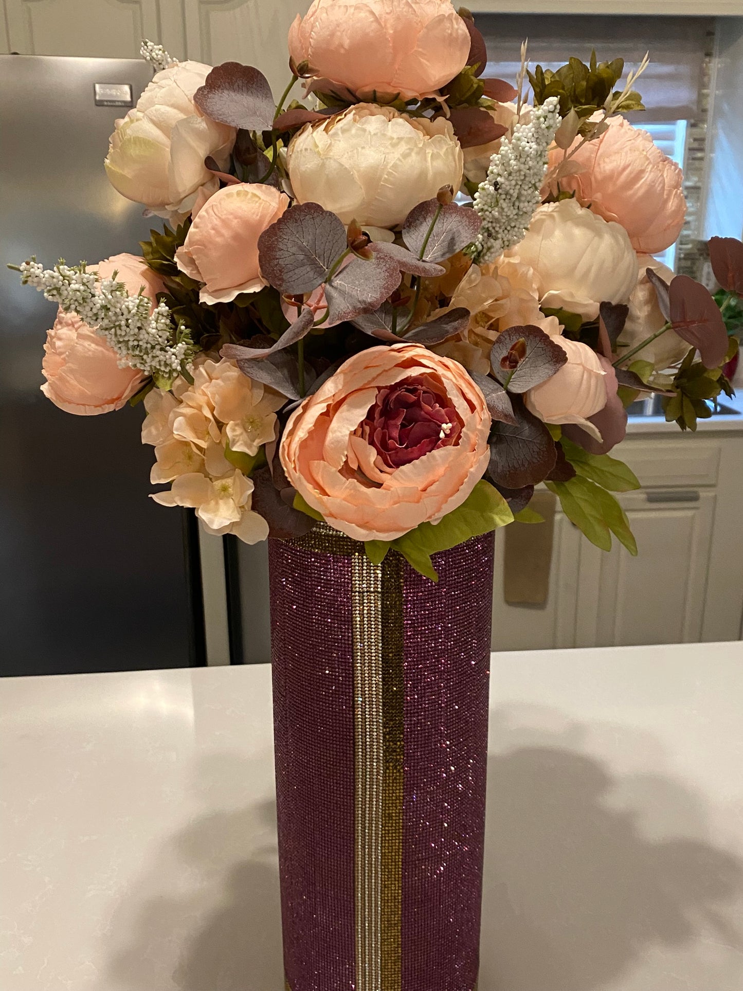 Crystal Rhinestone Vase, Purple, V-Style design (heavy, cylinder, glass) is 15" tall. Flowers sold separately.