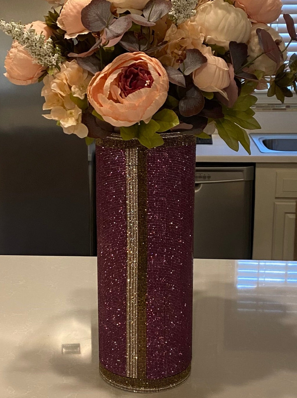 Crystal Rhinestone Vase, Purple, V-Style design (heavy, cylinder, glass) is 15" tall. Flowers sold separately.