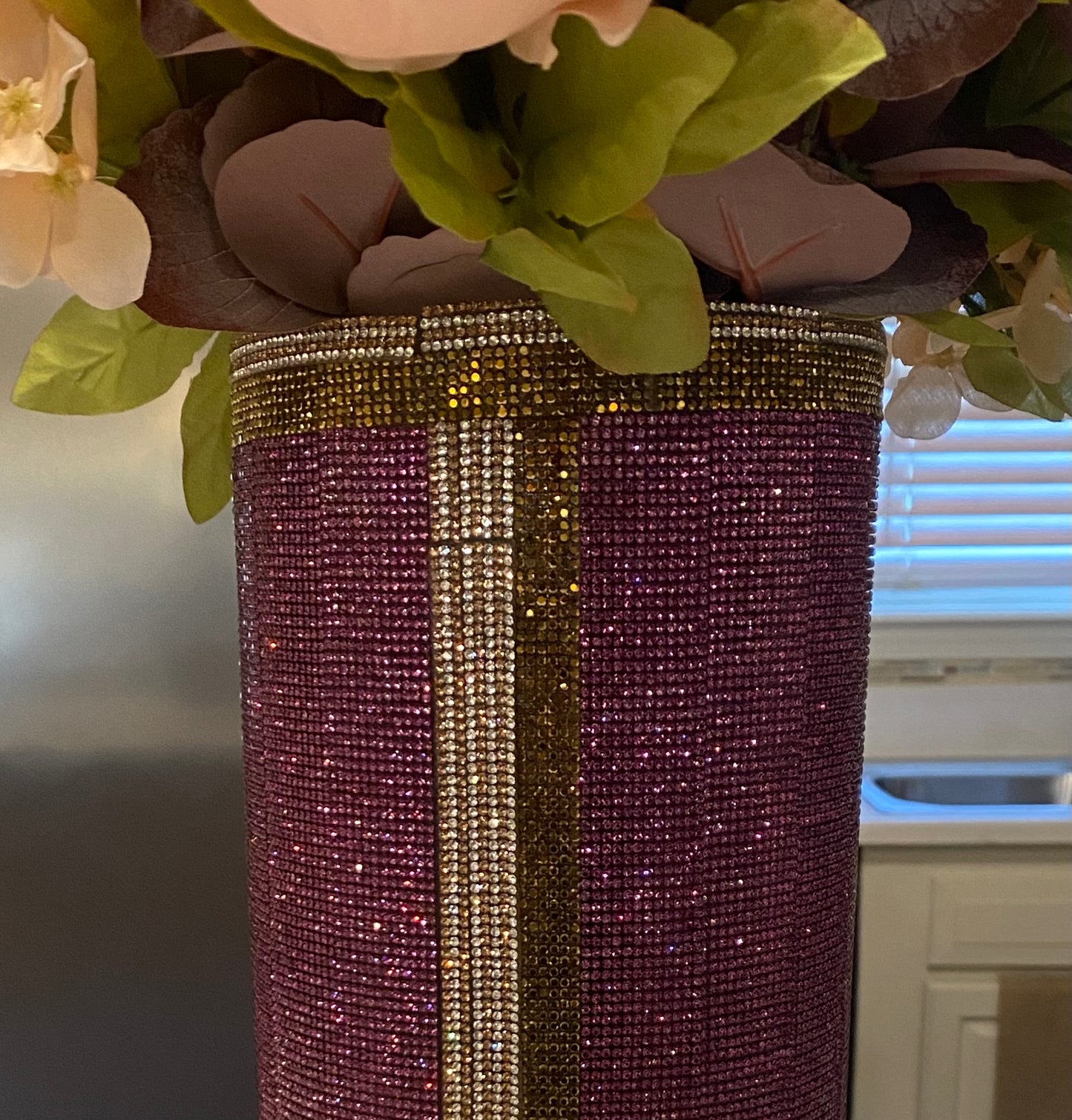 Crystal Rhinestone Vase, Purple, V-Style design (heavy, cylinder, glass) is 15" tall. Flowers sold separately.