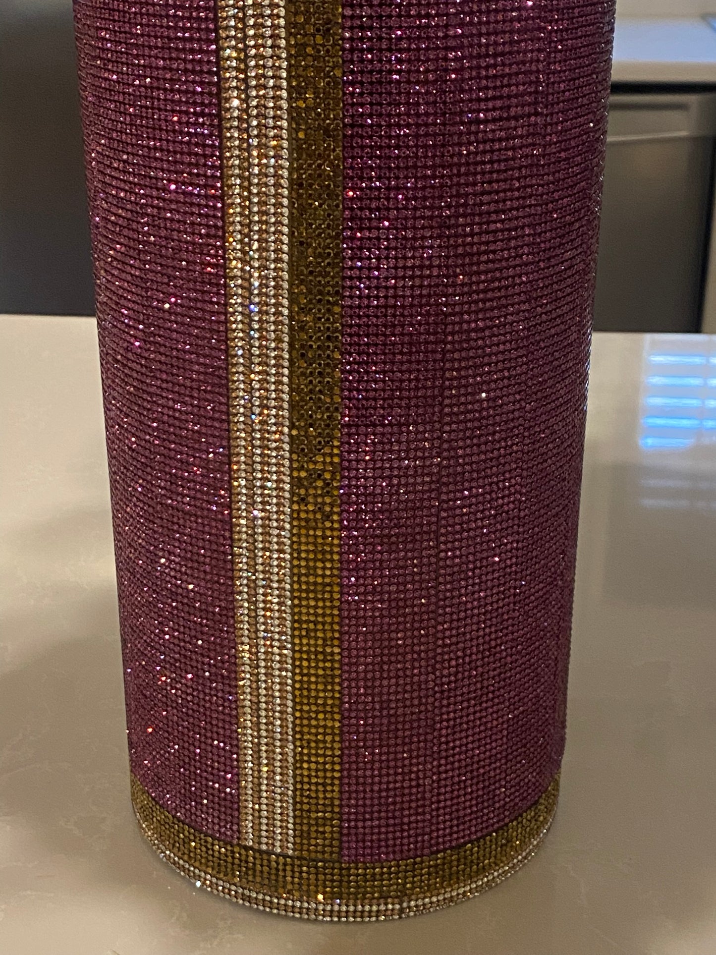 Crystal Rhinestone Vase, Purple, V-Style design (heavy, cylinder, glass) is 15" tall. Flowers sold separately.