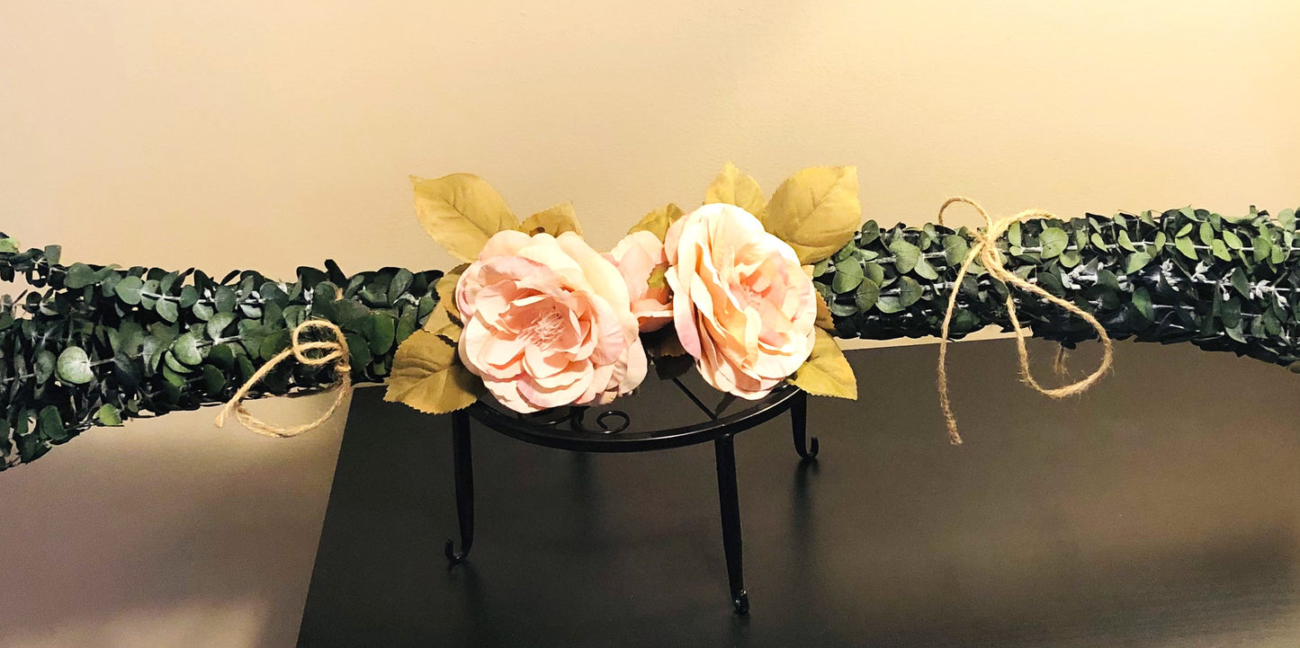 Real Eucalyptus Wall Hanging Swag with Large Rose (32" width).