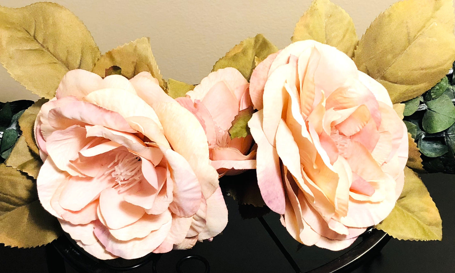 Real Eucalyptus Wall Hanging Swag with Large Rose (32" width).