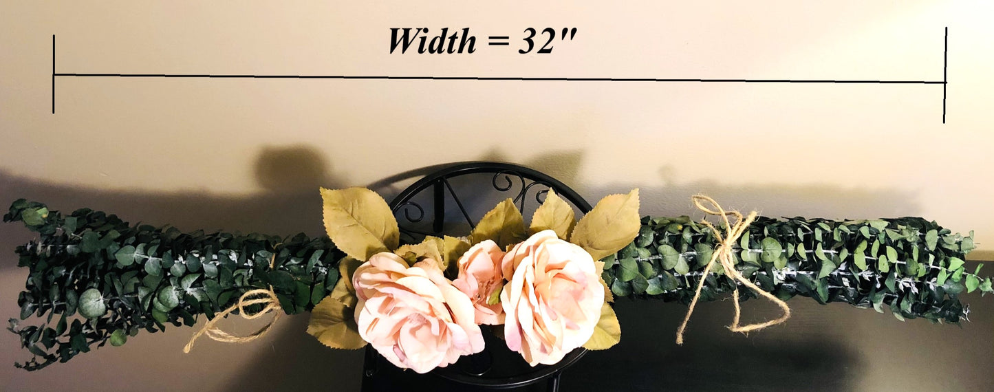 Real Eucalyptus Wall Hanging Swag with Large Rose (32" width).