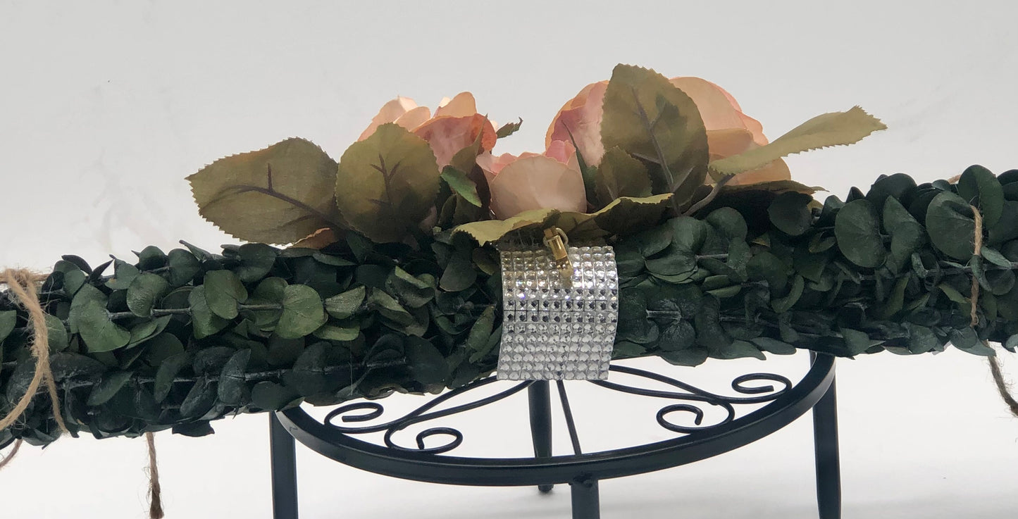 Real Eucalyptus Wall Hanging Swag with Large Rose (32" width).