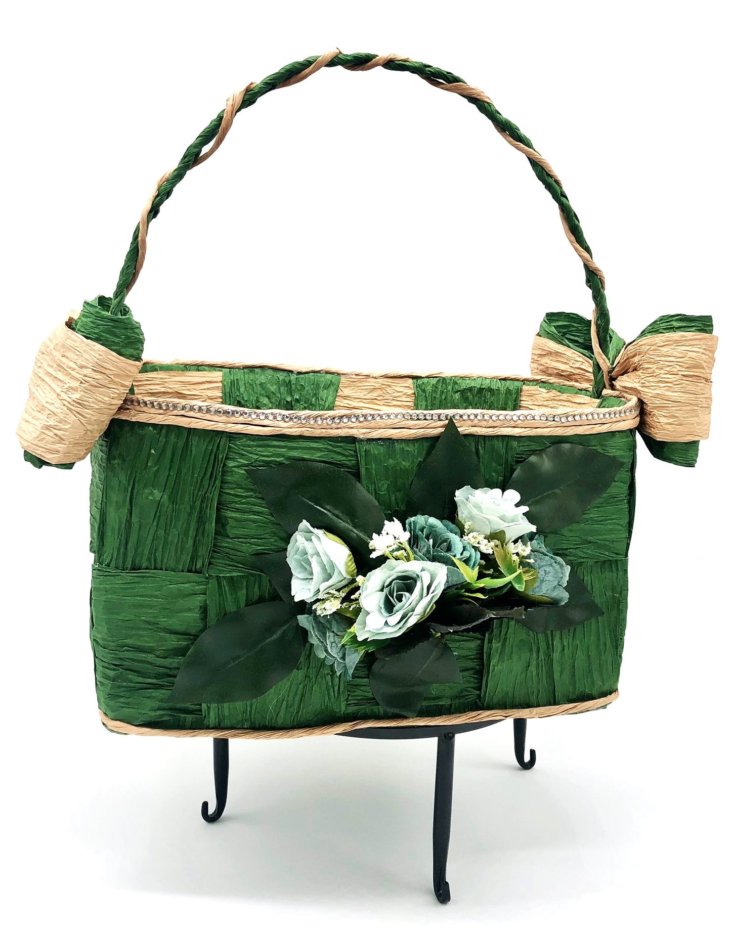 Green Hand-Woven Storage Basket - Eco-friendly (made with twisted raffia paper)
